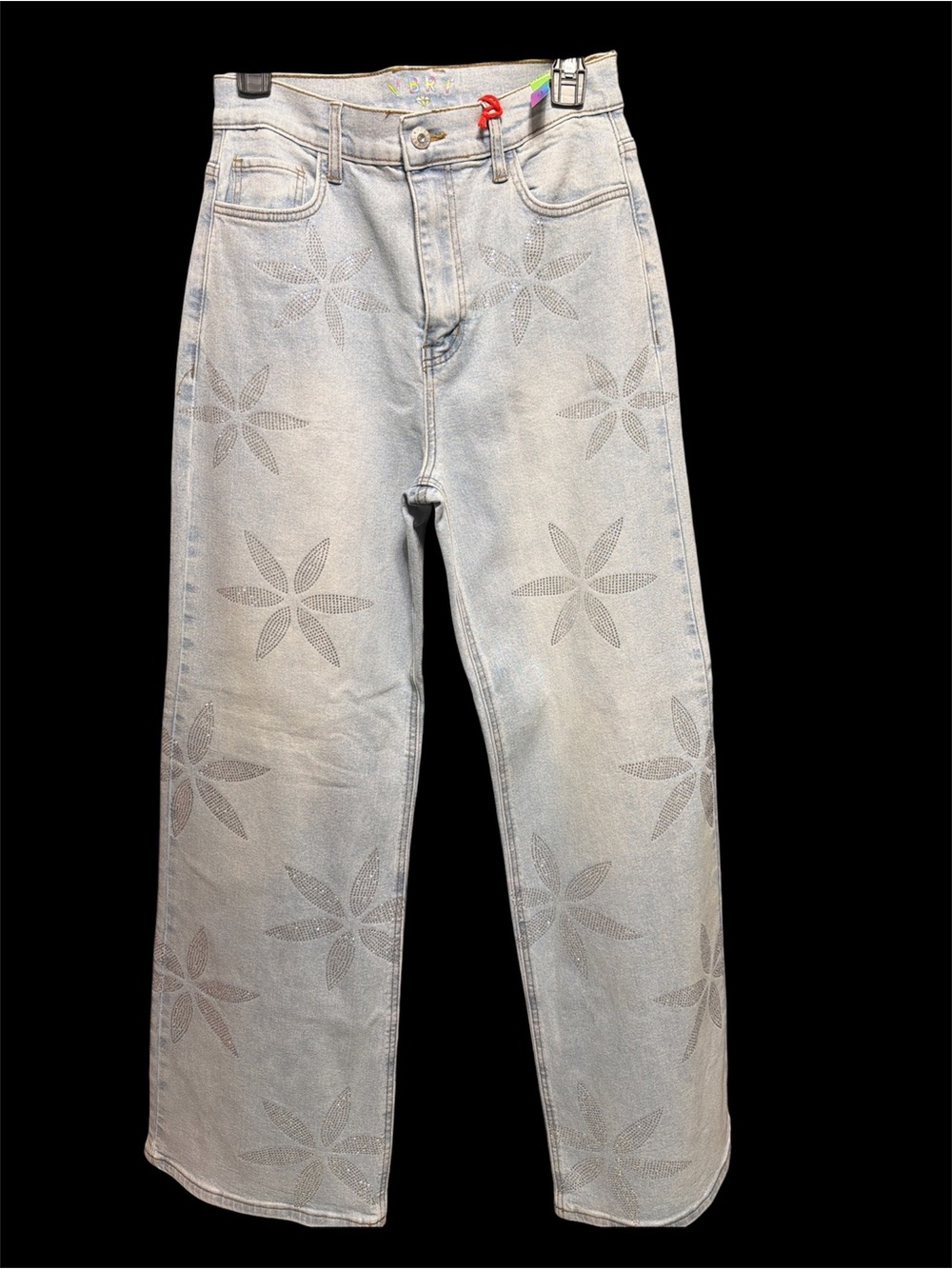 Light Blue Women's Wide-Leg Jeans with Rheinstone Sparkle Floral Accents